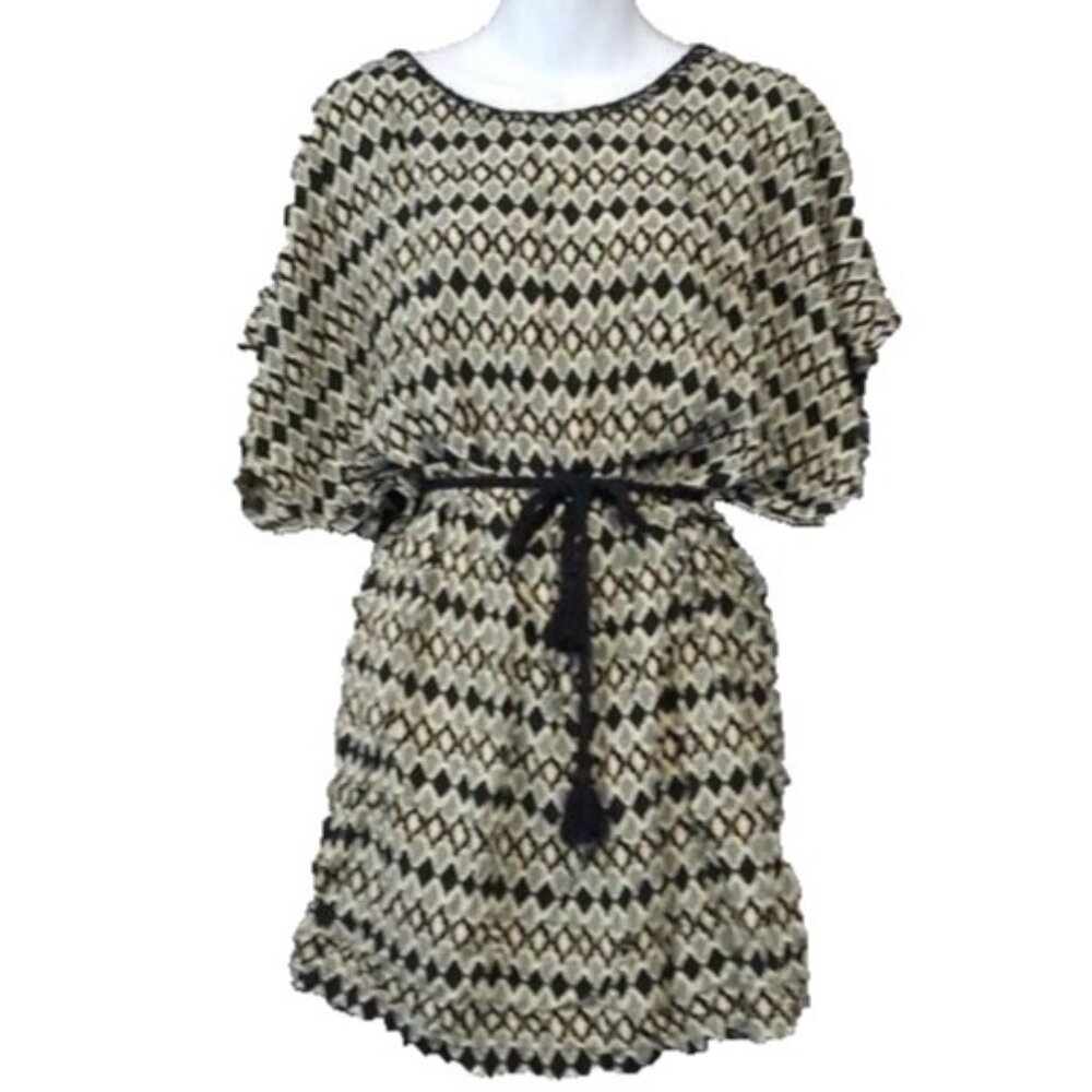 Vintage PINEAPPLES Womens Mini Dress Medium Gray Black Printed BOHO Festival